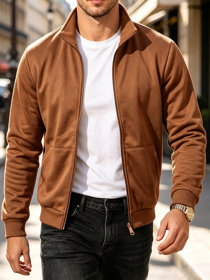 Men's Stand Collar Knit Fleece Jacket, Soft & Windproof for Spring/Fal