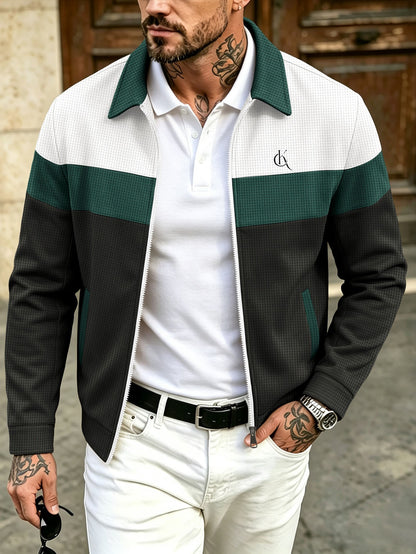 Men's Waffle Knit Zip-Up Bomber Jacket with Graphic Print