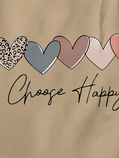 Women's Casual Sport T-Shirt, Round Neck, Heart And Happy Print, Short Sleeve, Soft Knit