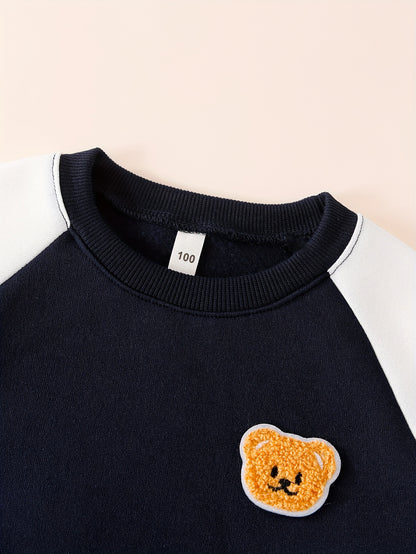 Աշնանային և ձմեռային կլոր վզնոցով սվիտեր՝ երկար թևքերով, եռագույն պատչվորք «Cute Bear» պիտակով, առօրյա, հարմարավետ, պարզ, նորաձև, բազմակողմանի, առօրյա տաբատների 2 հատանոց հավաքածու, իդեալական է բացօթյա օգտագործման համար