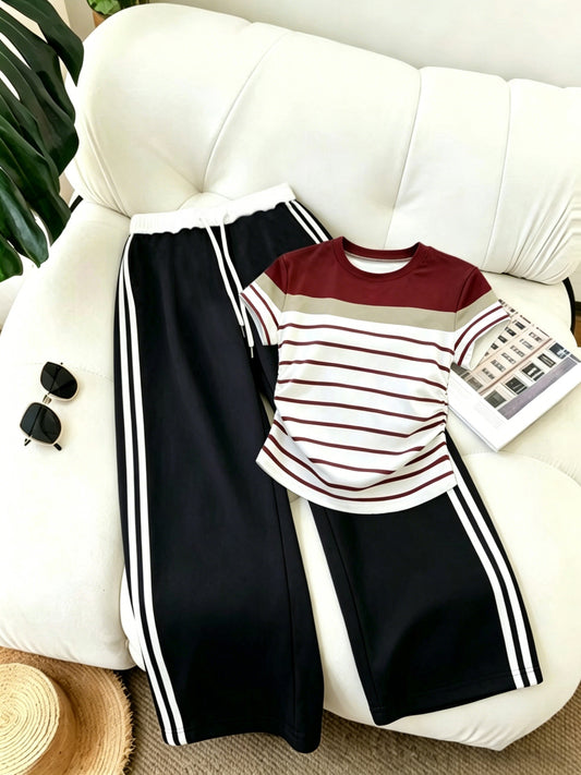 Women’s Casual 2-Piece Set: Striped Belted Pants & Printed Top