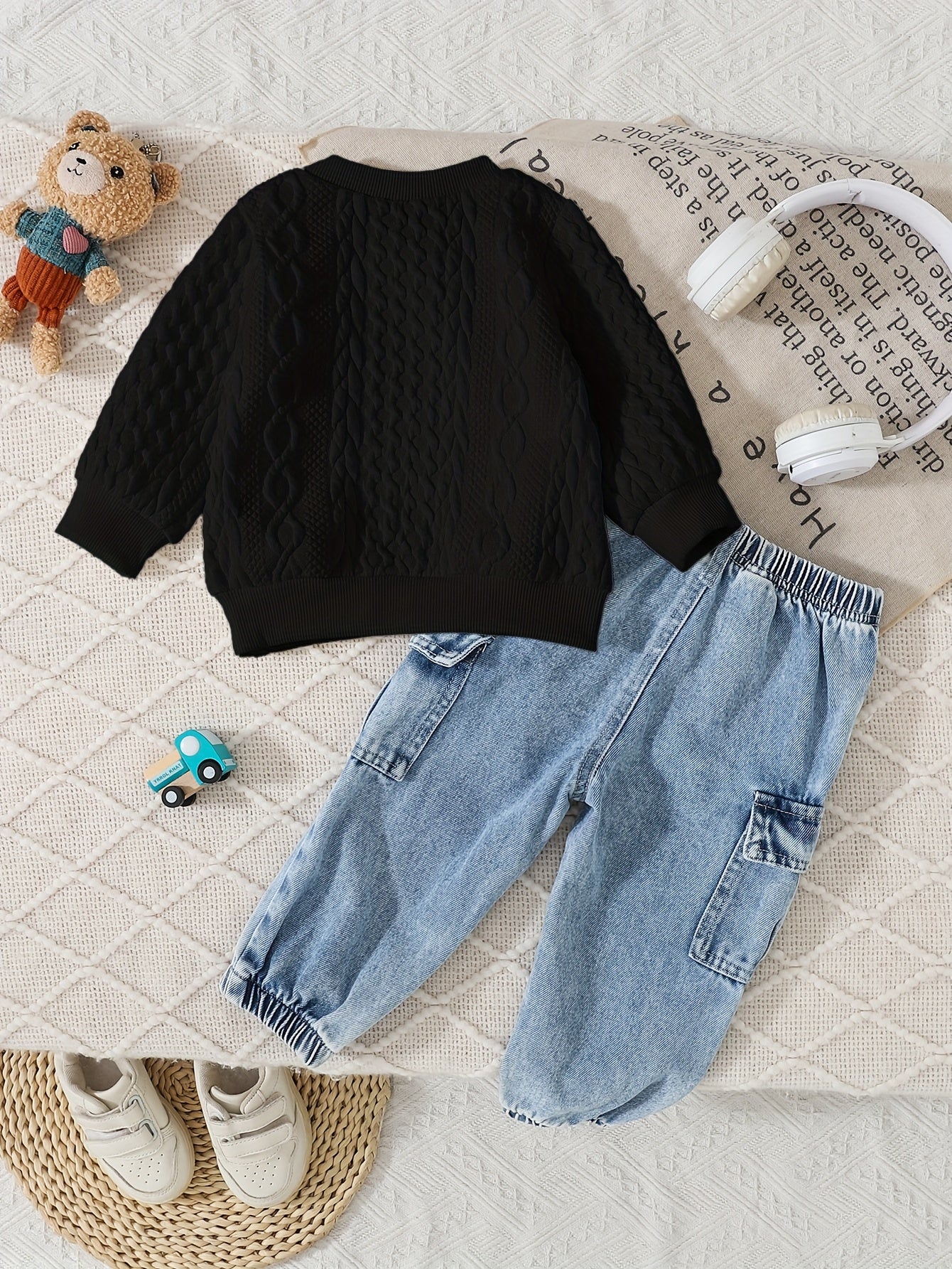 Cute Baby Boy Fall Set: Bear Sweatshirt & Denim Jogger Pants