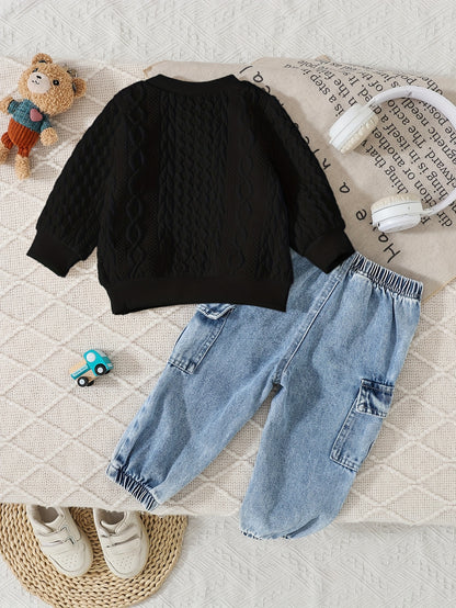 Cute Baby Boy Fall Set: Bear Sweatshirt & Denim Jogger Pants