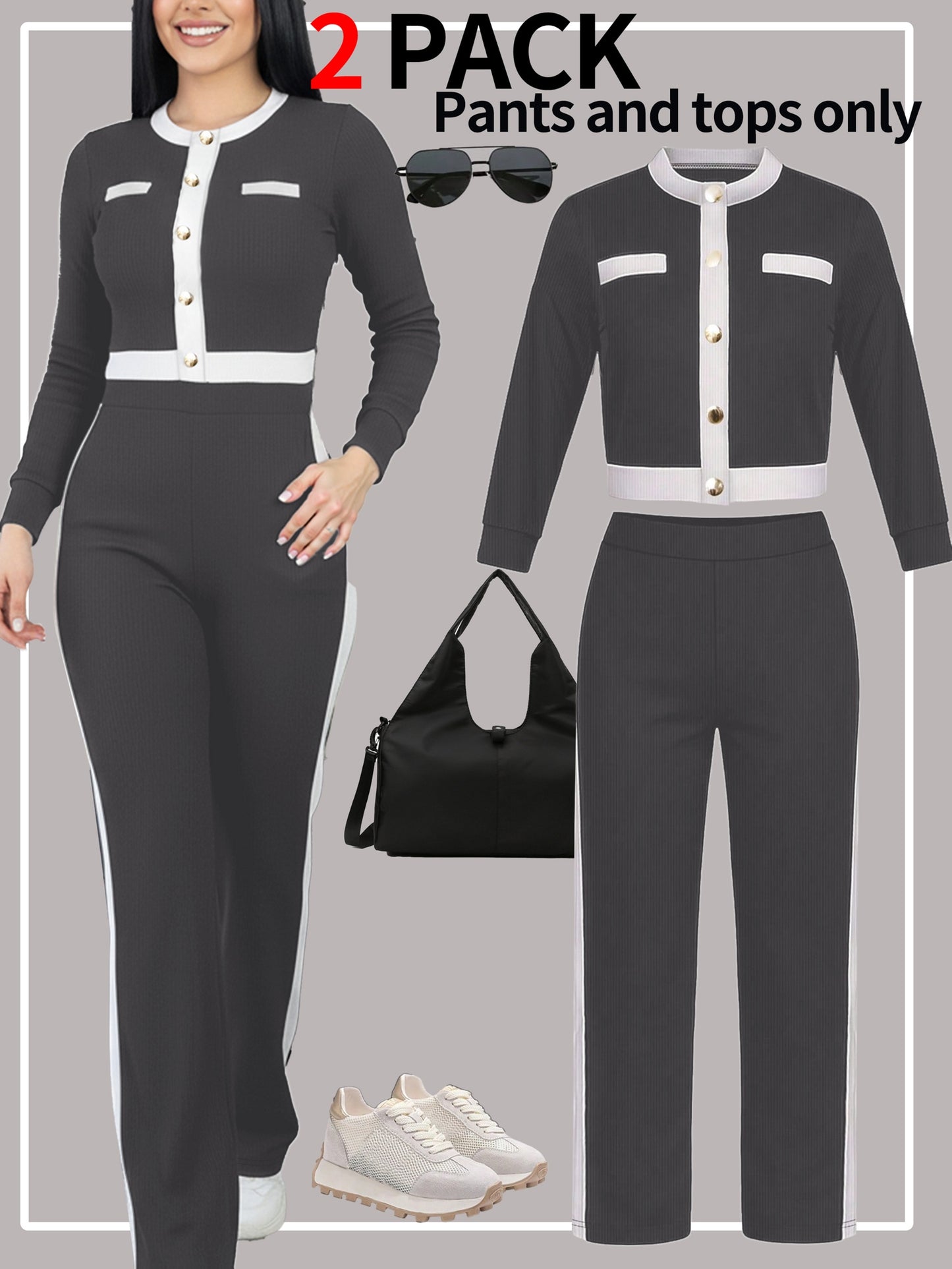 Autumn And Winter Women'S Outfit - Stylish Color-Blocked Fitted Long-Sleeve Top with a Round Neck And Versatile High-Waisted Comfortable Straight-Leg Pants