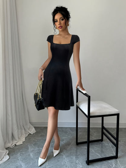 Elegant Square Neck A-Line Dress with Puff Sleeves - Stretchy, Solid Color, Chic Design for Everyday & Work Wear