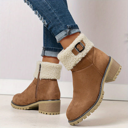 Chunky And Clssic Women'S Ankle Boots, Comfortable And Elegent Woemen Shoes. Warmth Khaki、Black And Beige Winter Women' Boots. Solid-Colored. Fleece-Lined Boots, Heighten And Non-Slip Lighhtweight Shoes with Cute Round Toe.