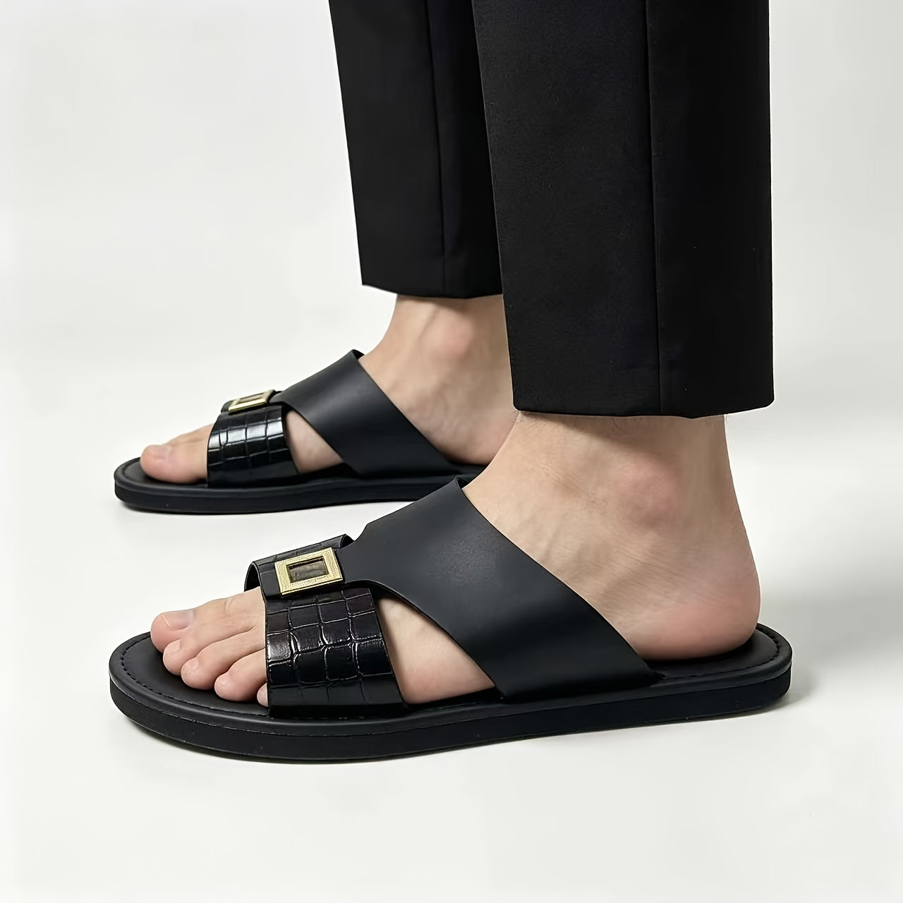 Men's Luxury Crocodile Embossed Slide Sandals with Metal Buckle