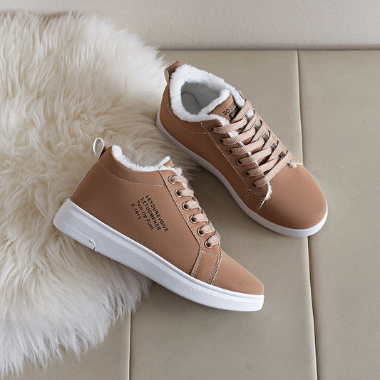 Women's Thermal Winter Shoes - Synthetic Cover Lace-Up Low-Top Boots with Plush Lining & Arch, Warm Brown/Tan Color, Rubber Sole & PVC Cushioning - Cold-Weather Shoes for Winter, Hand Wash or Dry Clean, Faux Cover Exterior, S