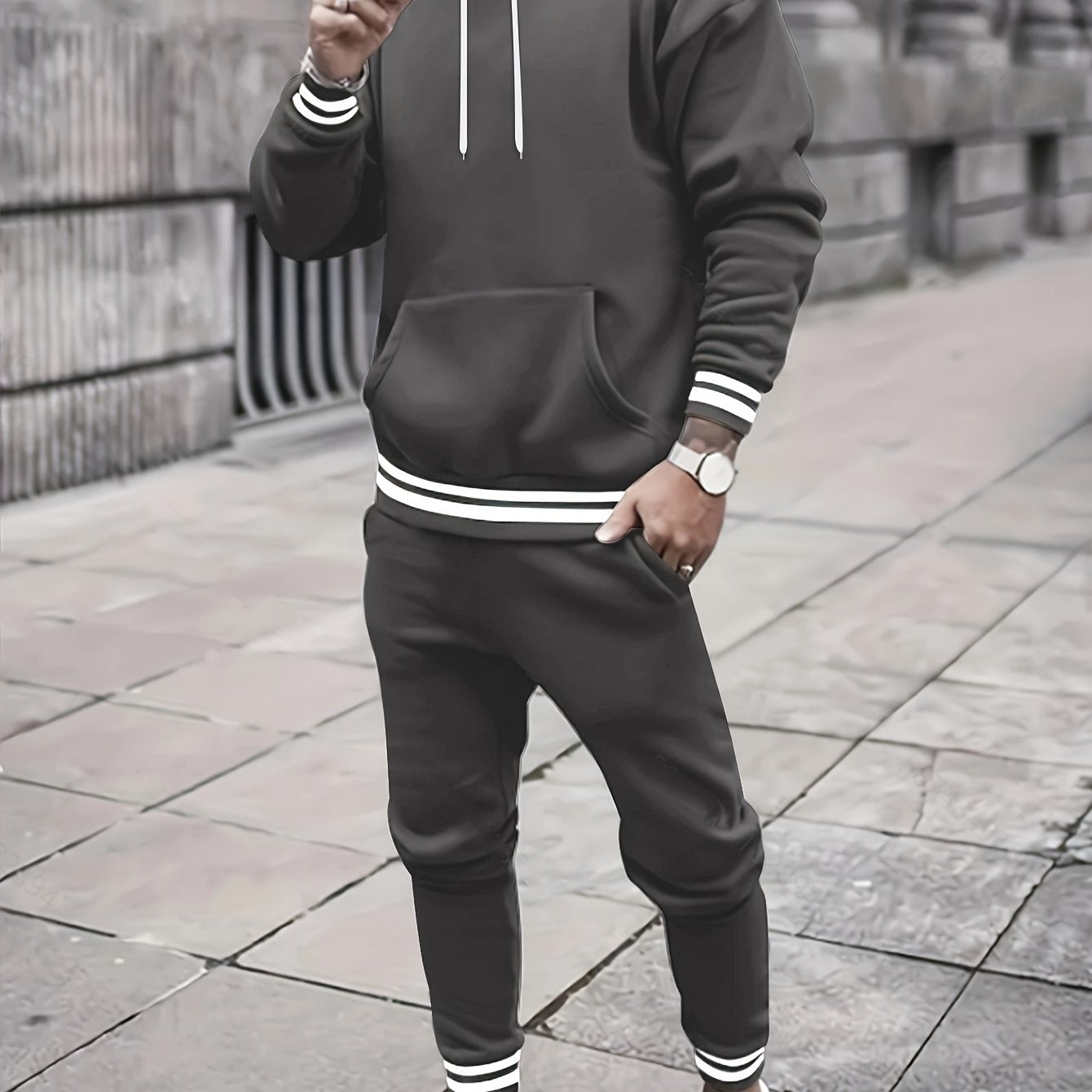 Men's Solid Color Hooded Casual Sportswear Set - ayq
