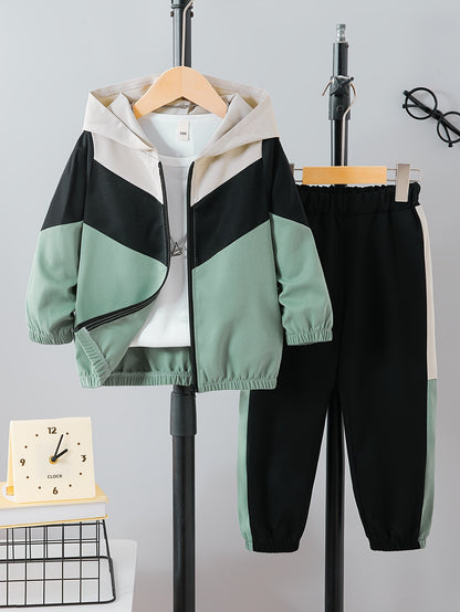 Boys' Casual Color-Block Hooded Jacket and Pants Set