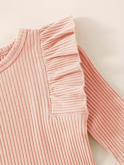 3pcs Baby Girl Outfit Set, Cute Ribbed Ruffle Long Sleeve Romper & Pants, 95% Cotton 5% Spandex, Crew Neck Pullovers, Solid Color, Regular Fit, No Belt, Fall/Winter Knit Fabric, 0-18 Months, for Outdoor