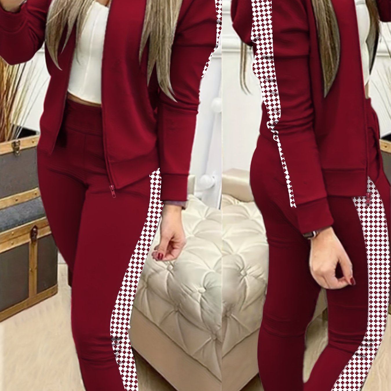 Two-Piece Outfit for Women Featuring a Geometric Design, Long-Sleeve Zip-Up Jacket, And Pants with Symmetrical Pockets - ayq