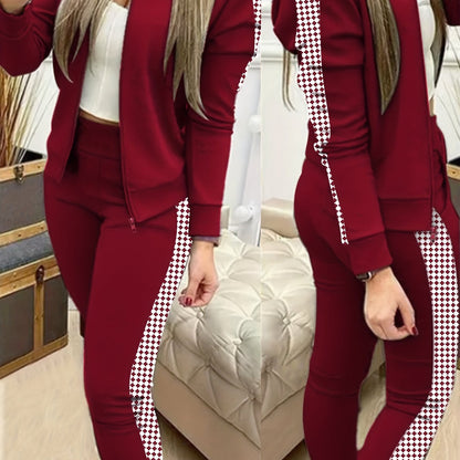 Two-Piece Outfit for Women Featuring a Geometric Design, Long-Sleeve Zip-Up Jacket, And Pants with Symmetrical Pockets - ayq