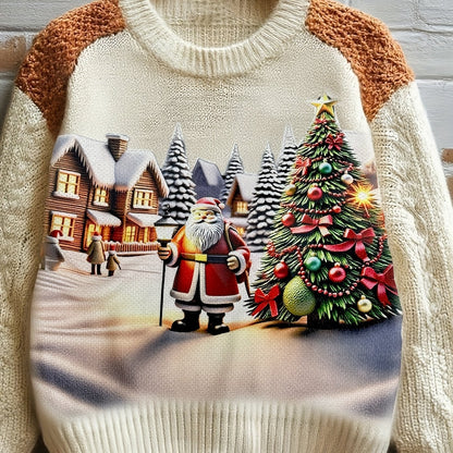Winter Women's Knitted Christmas Sweater - Printed holiday pattern with soft faux fur trim, warm and cozy, suitable for holiday parties, family gatherings and casual Casual Attire | 2025 Hot Christmas fashion, Women's gift id