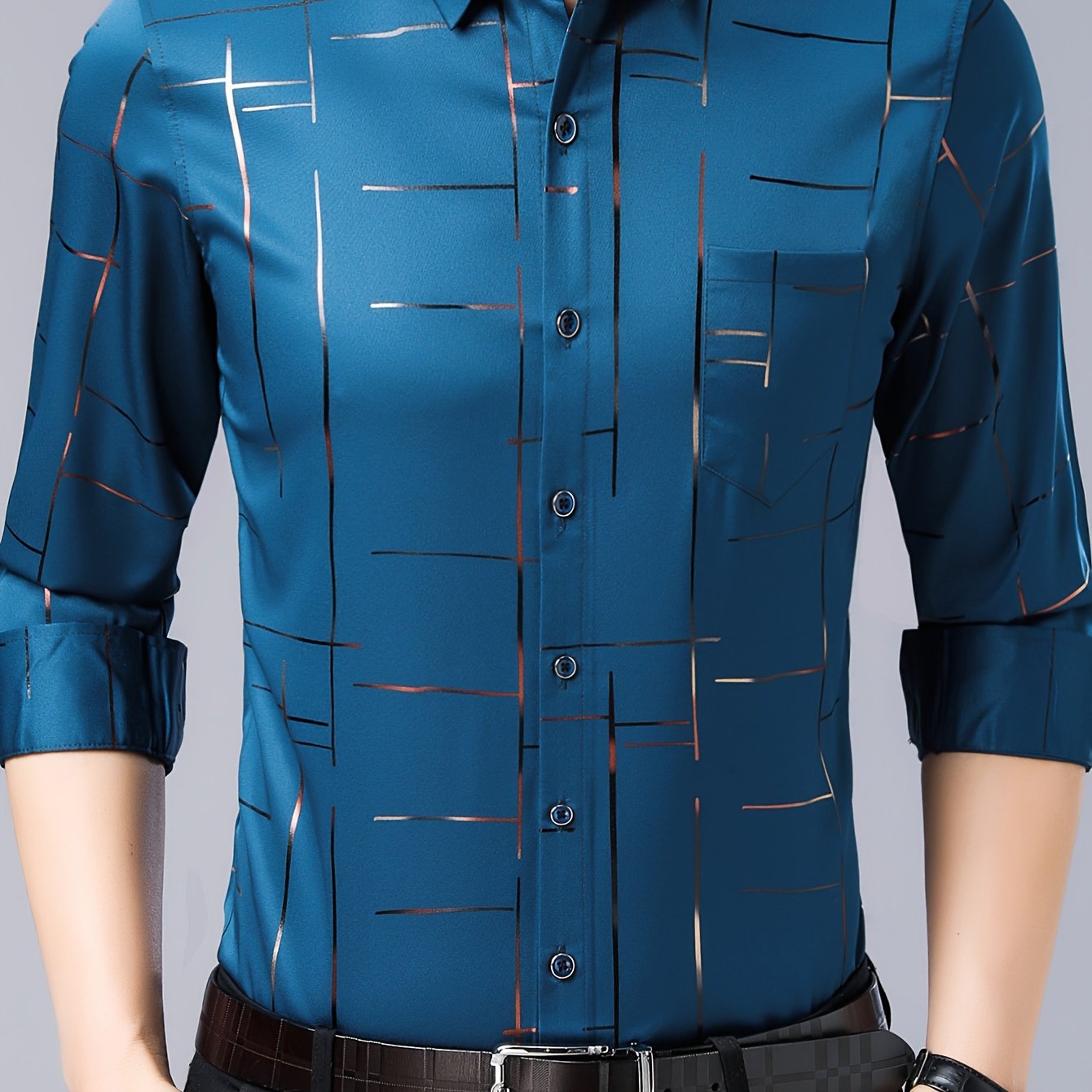 Elegant Men's Maroon Striped Long Sleeve Dress Shirt - Sophisticated Black & Golden Print, Breathable Polyester, Casual Comfort Fit with Classic Collar and Button-Up Front for Casual Attire