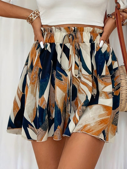 Print Tie-Front Shorts for Women - Lightweight Polyester, Summer Fashion, Machine Washable, Multicolor Abstract Design