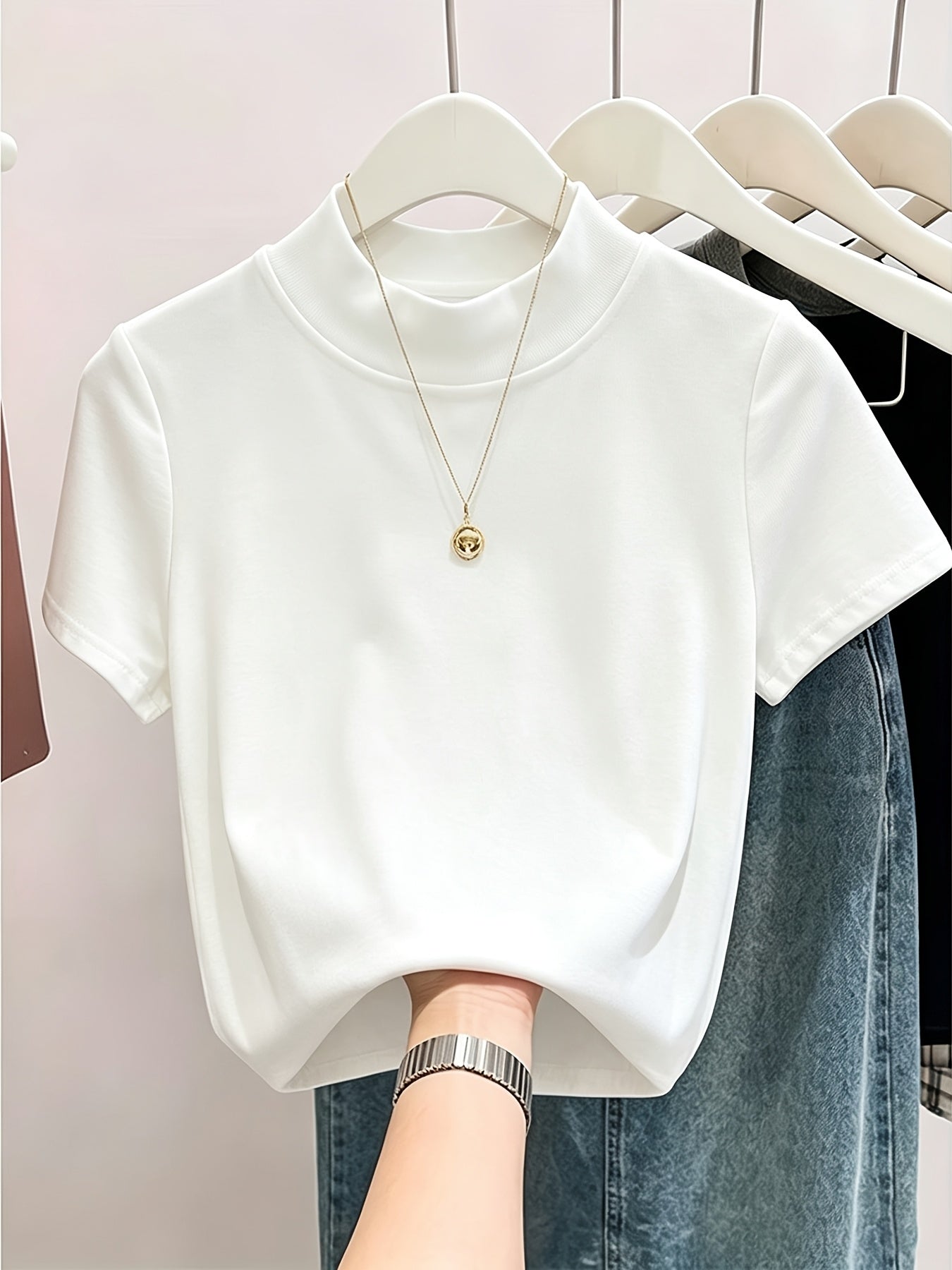 Women’s Summer Cotton Short Sleeve High Neck T-Shirt