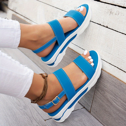 Women's Summer Plain Color Wedge Sandals, Casual Open-Toe Simple Thick Sole Beach Shoes with Comfortable Ankle Strap Wedges