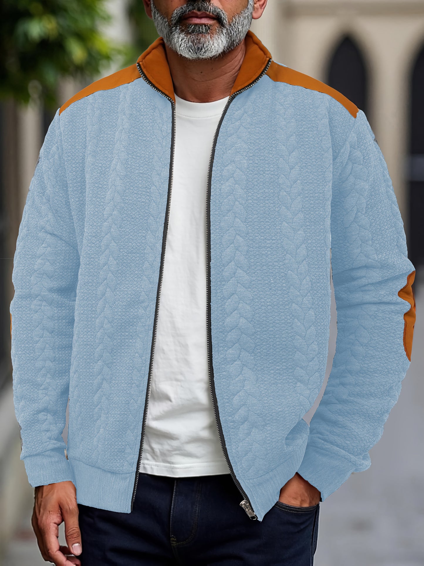 Men'S Light Blue Quilted Zip-Up Jacket - Casual Fall/Winter Outerwear with Stand Collar, Long Sleeves, and Front Pockets, Perfect for Casual Attire, Autumn Winter Apparel | Quilted Texture Jacket | Zippered Jacket