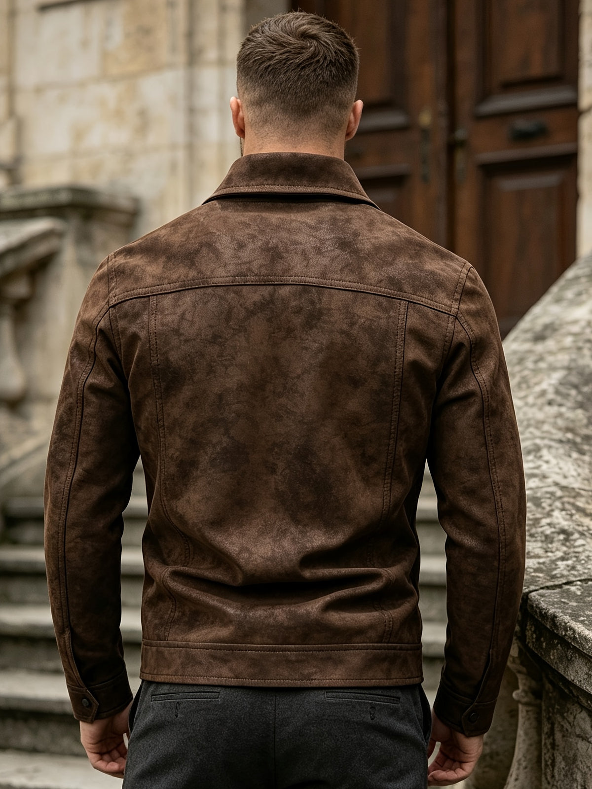 Men's Vintage PU Softshell Jacket with Lapel Collar & Pockets