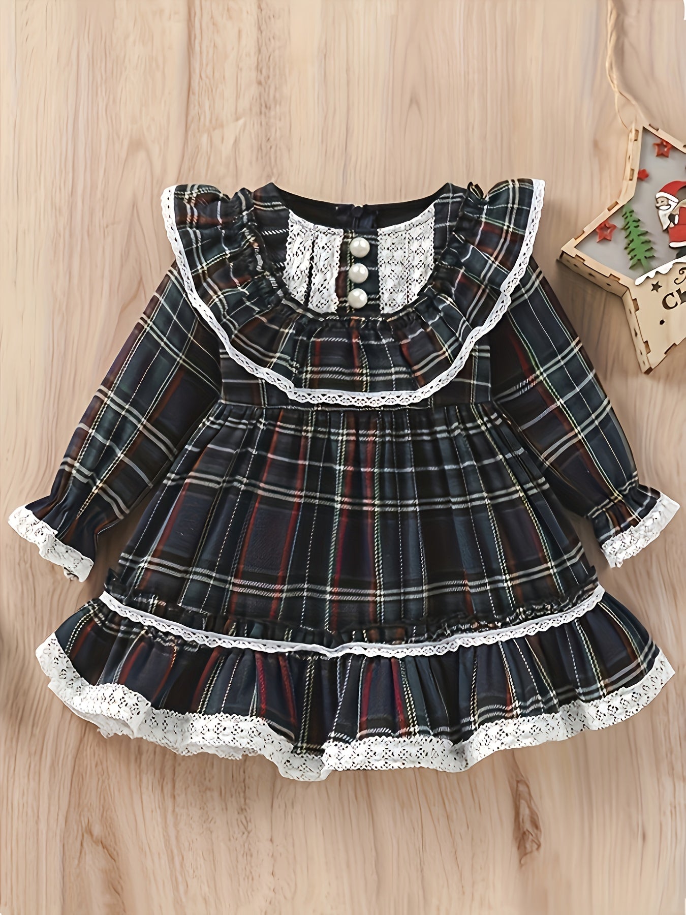Girls' Plaid Tartan Puffed Sleeve High-Low Neck Ruffled Hem Dress with Ruffled Collar & Lace Trim - Plaid Princess Party Dress with Skirt, Machine Washable Winter Formal & Everyday Outfit for Christmas, New Year's, Easter - S
