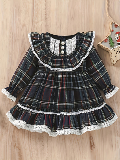 Girls' Plaid Tartan Puffed Sleeve High-Low Neck Ruffled Hem Dress with Ruffled Collar & Lace Trim - Plaid Princess Party Dress with Skirt, Machine Washable Winter Formal & Everyday Outfit for Christmas, New Year's, Easter - S