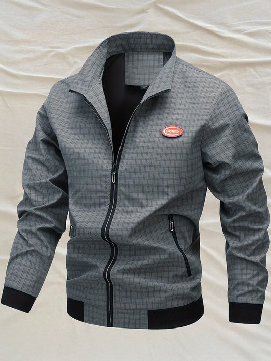 Men's Casual Outdoor Jacket - Spring/Fall Softshell Jacket with Checkered Pattern, Long Sleeves, and Zipper Closure