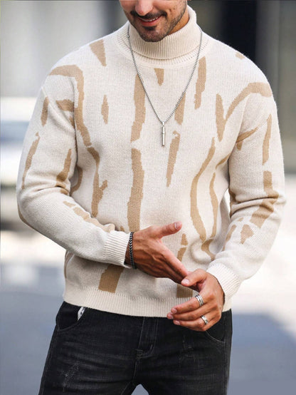 Men's Zebra Stripe Knit Sweater - High Neck Winter Pullover with Zebra Stripes, Warm Casual Sweaters for Weather, Hand Washable Fall/Winter Wardrobe Essential (Regular Fit)