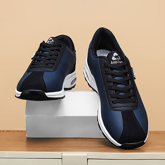 AOPLUS Men's Low-Top Sneakers - Navy Blue  Black Sneakers, PU Upper  Cushioned Rubber Sole for Gym, Training, Everyday - All-Season Lace-Up Shoes for Men, Gym Training Footwear, Sleek Sporty Design, Fabric Lined Interior
