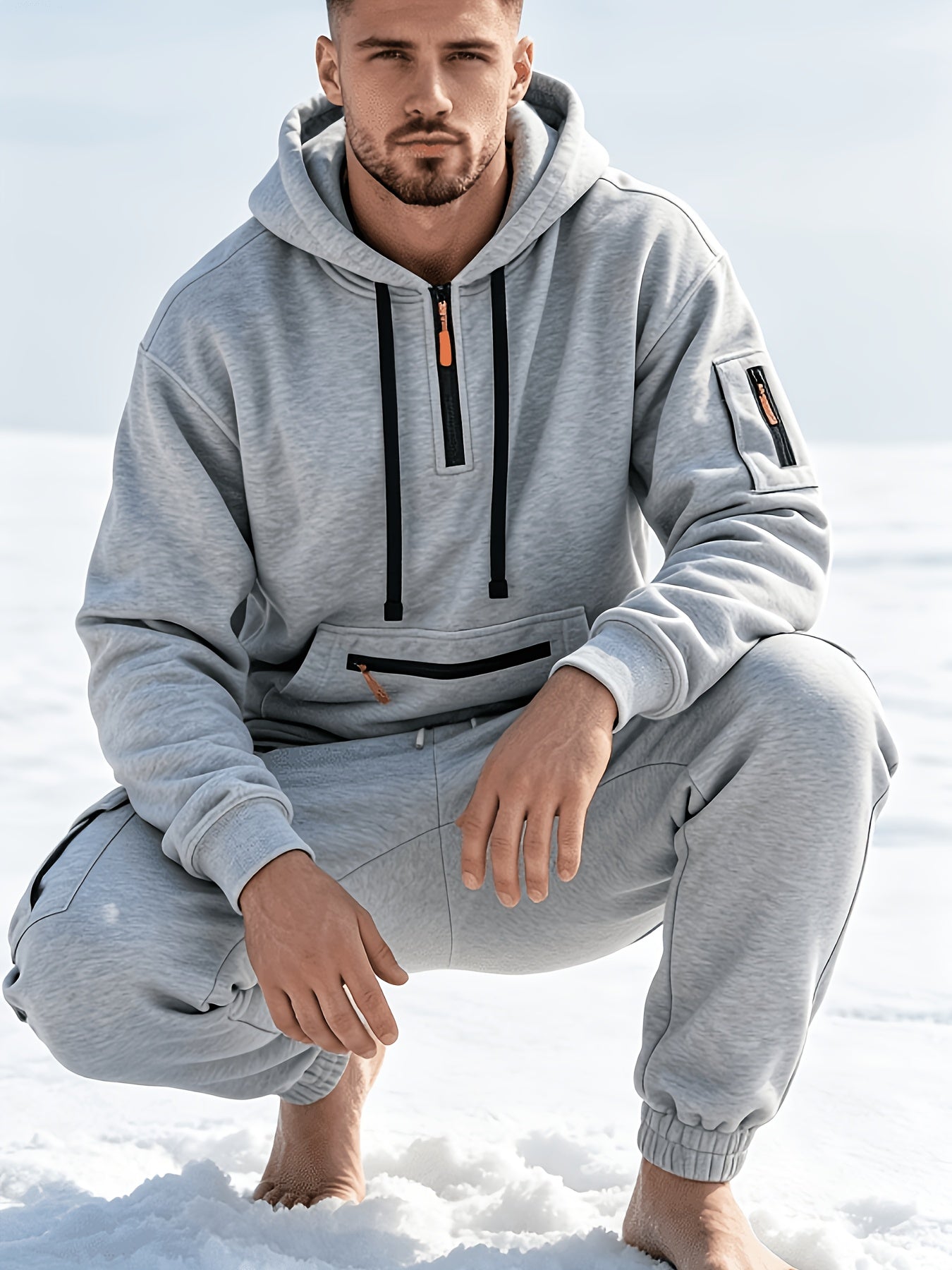 Men's Casual Hooded Tracksuit Set with Zipper Pockets