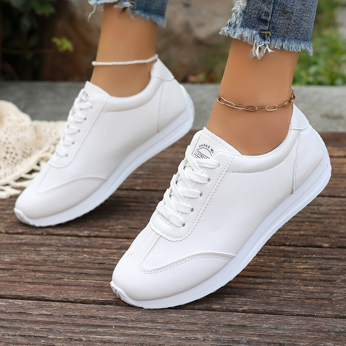 Women's Lightweight Casual Sneakers - White Synthetic Leather, All-Season Comfort, Stability Support, Breathable Fabric Lining, TPR Sole, Perfect for Casual Attire, Cute Shoes