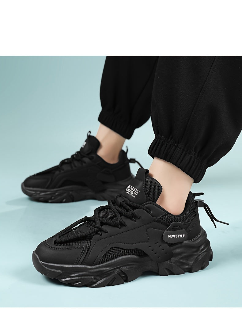 Men's Fashion Chunky Sneakers - Sports & Casual Streetwear Shoes, Solid Color, Non-Slip Lace-Up, Thick Sole, Low Top Fabric Sneakers for All Seasons, Running & Hiking, Universal Fit - Round Toe