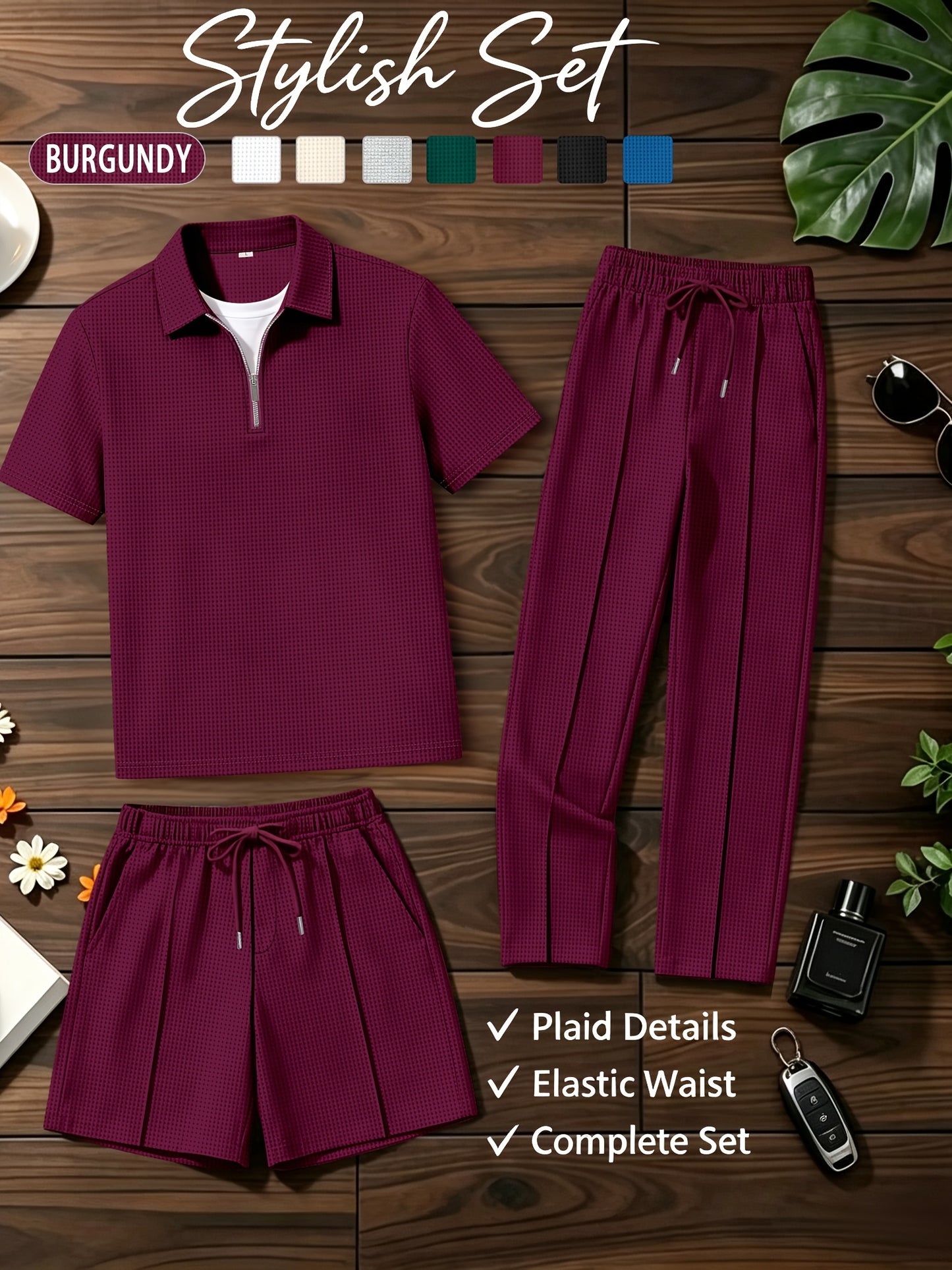 Men's Waffle Knit Quarter-Zip Polo & Drawstring Pants Set