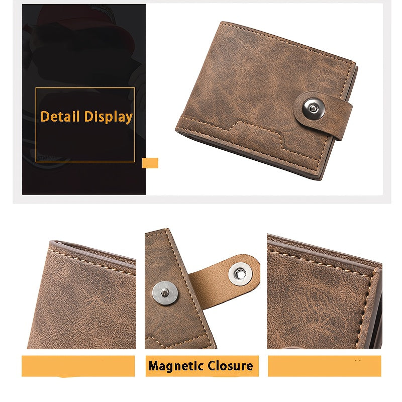 European Style Men Wallet Secure Button Business Short Model with Large Capacity Multi-Card Slots PU Wallet Trendy Youth Fashion