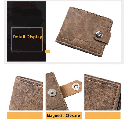 European Style Men Wallet Secure Button Business Short Model with Large Capacity Multi-Card Slots PU Wallet Trendy Youth Fashion