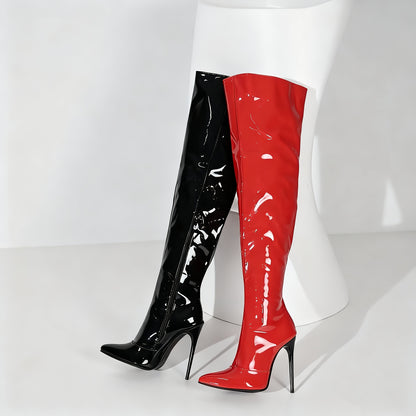 2025 Women's Pointed-Toe Patent Over-the-Knee-High Boots, Ultra High Heel Design, Sexy and Fashionable. Side Zipper for Easy On/Off Wear with Thin Lining Inside to Provide Personality Warmer Comfort; Eye-Catching at Parties o