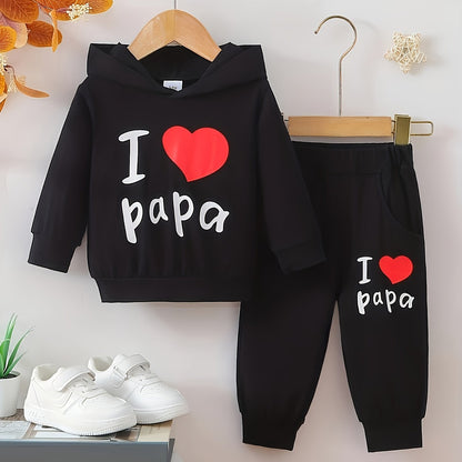 2 հատ Baby Boy's Casual Fashion Outfit Hooded KING Print երկարաթև մարզաշապիկ + շալվար բացօթյա հավաքածու