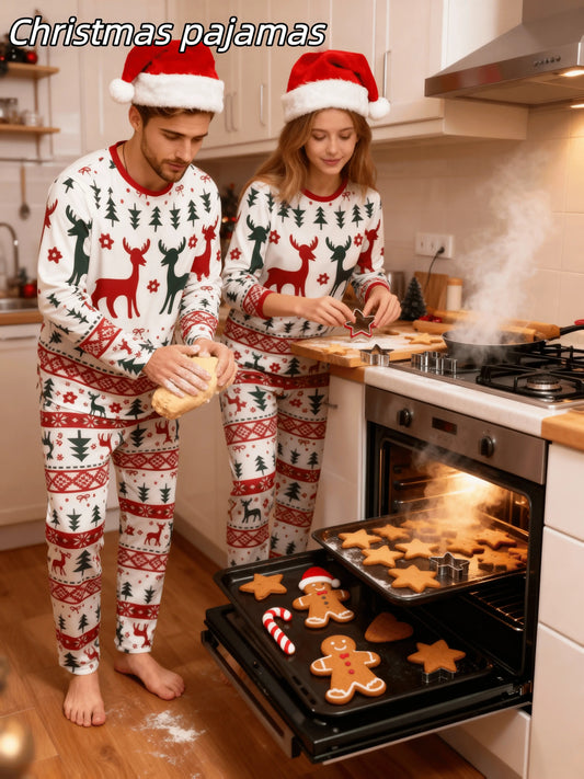 [MEN/WOMEN] Couple Style Christmas Pajamas Loungewear, New Year Gift Christmas Reindeer Print Top with Striped Pants, Long Sleeve Long Pants Pajama Set for Men or Women, Holiday Loungewear Set