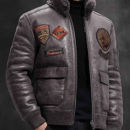 Men'S Faux Fur Lined Biker Jacket, Casual Long Sleeve Applique Air Force Style, Polyester 100% Knit Fabric, Solid Color Lapel Collar, Zipper Closure, Regular Fit for Daily & Golf Occasions - Fall/Winter Collection