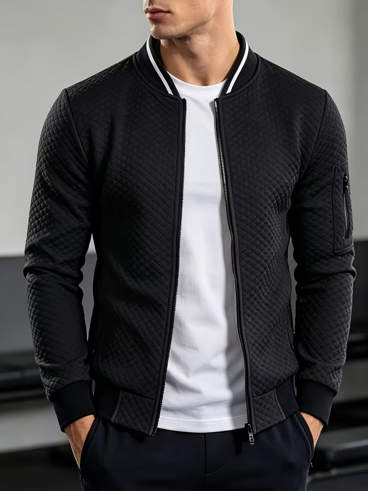 Men's Quilted Baseball Jacket with Stand Collar for Spring/Fall
