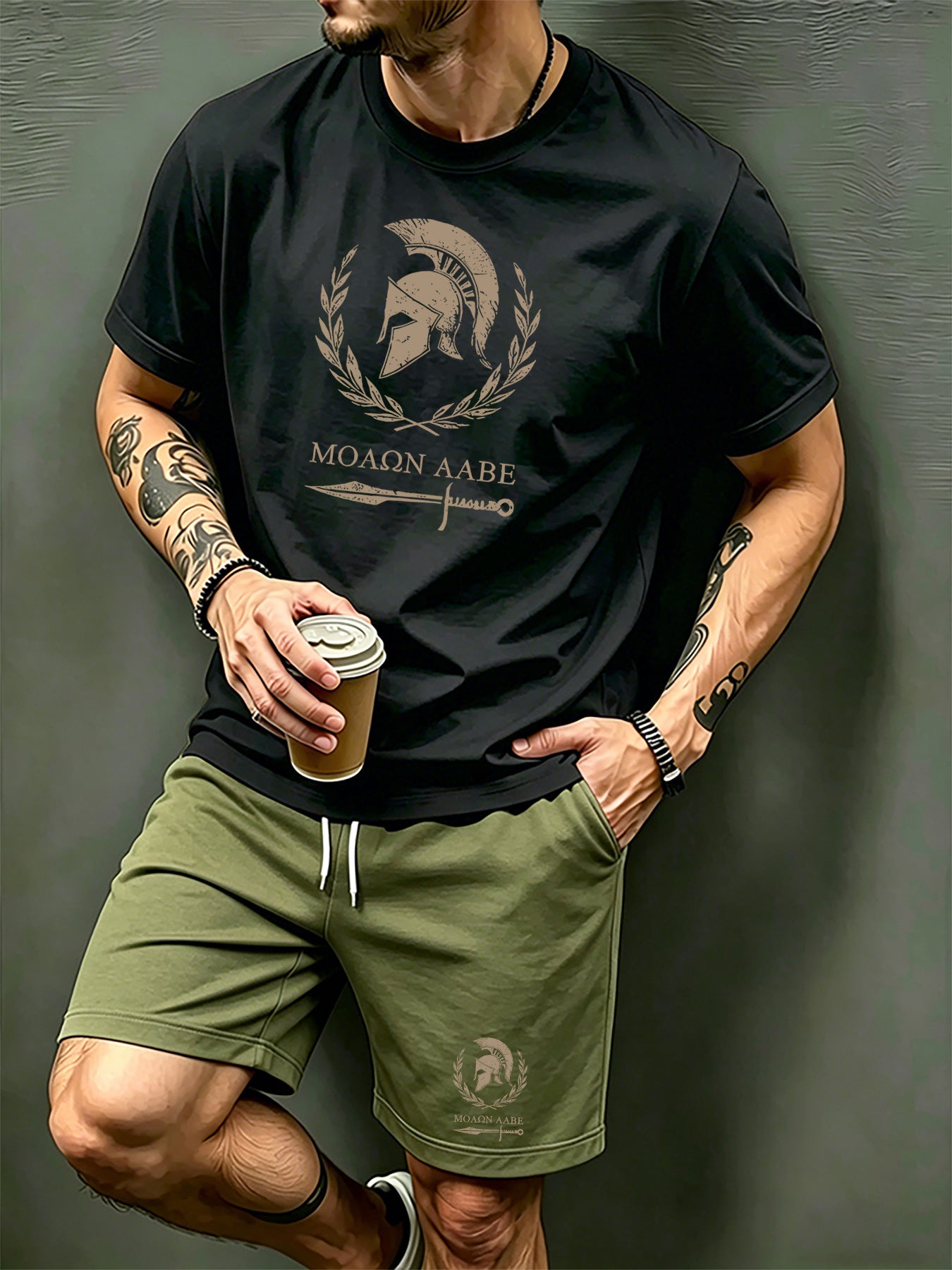 Men's Summer Short Sleeve T-Shirt and Shorts Set with Spartan Helmet P