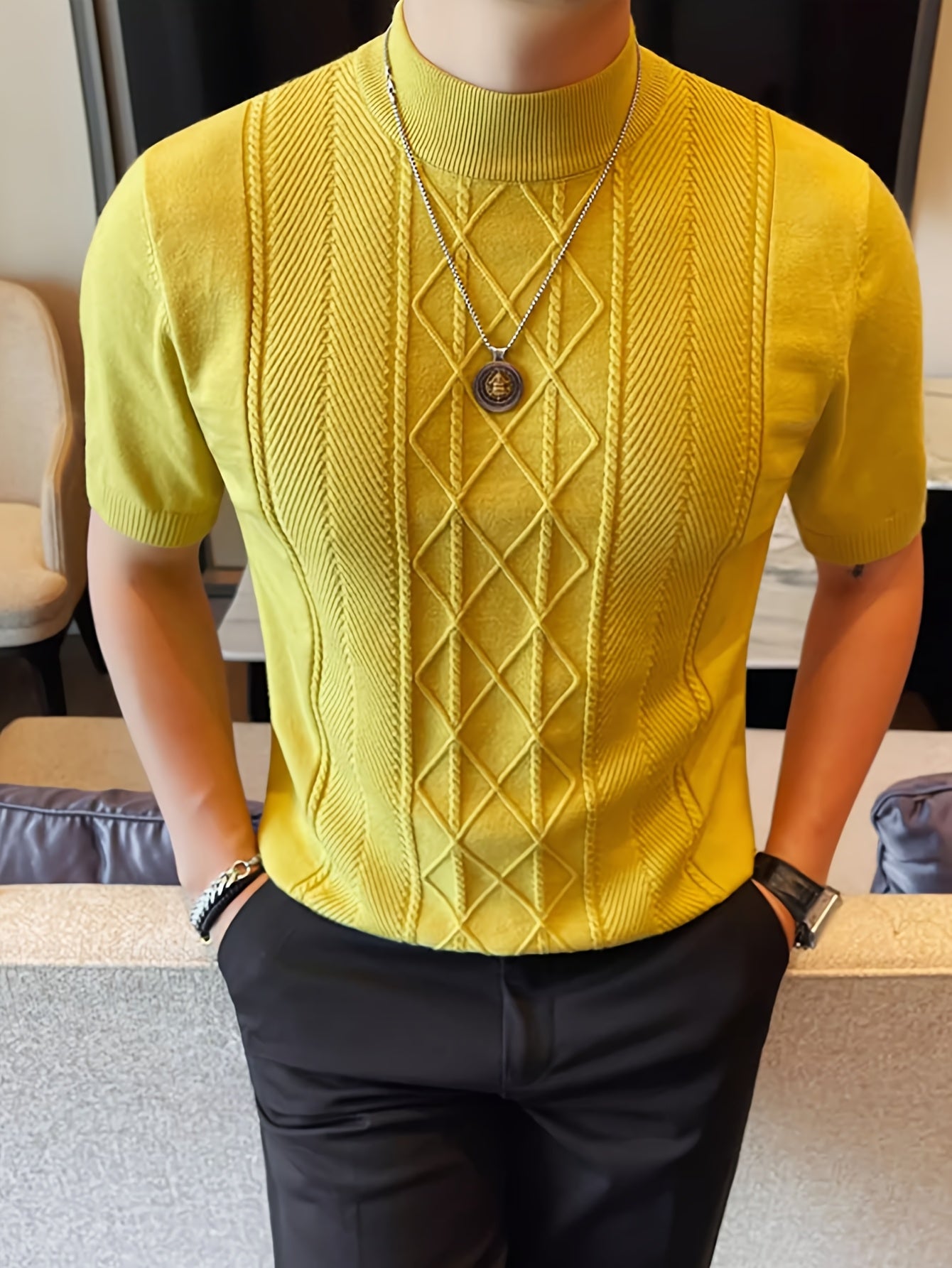 Men's New Solid Color Rhombus Fashion Semi-High Neck Knit Sweater, Spring/Summer Casual Short Sleeve Knit Top - ayq