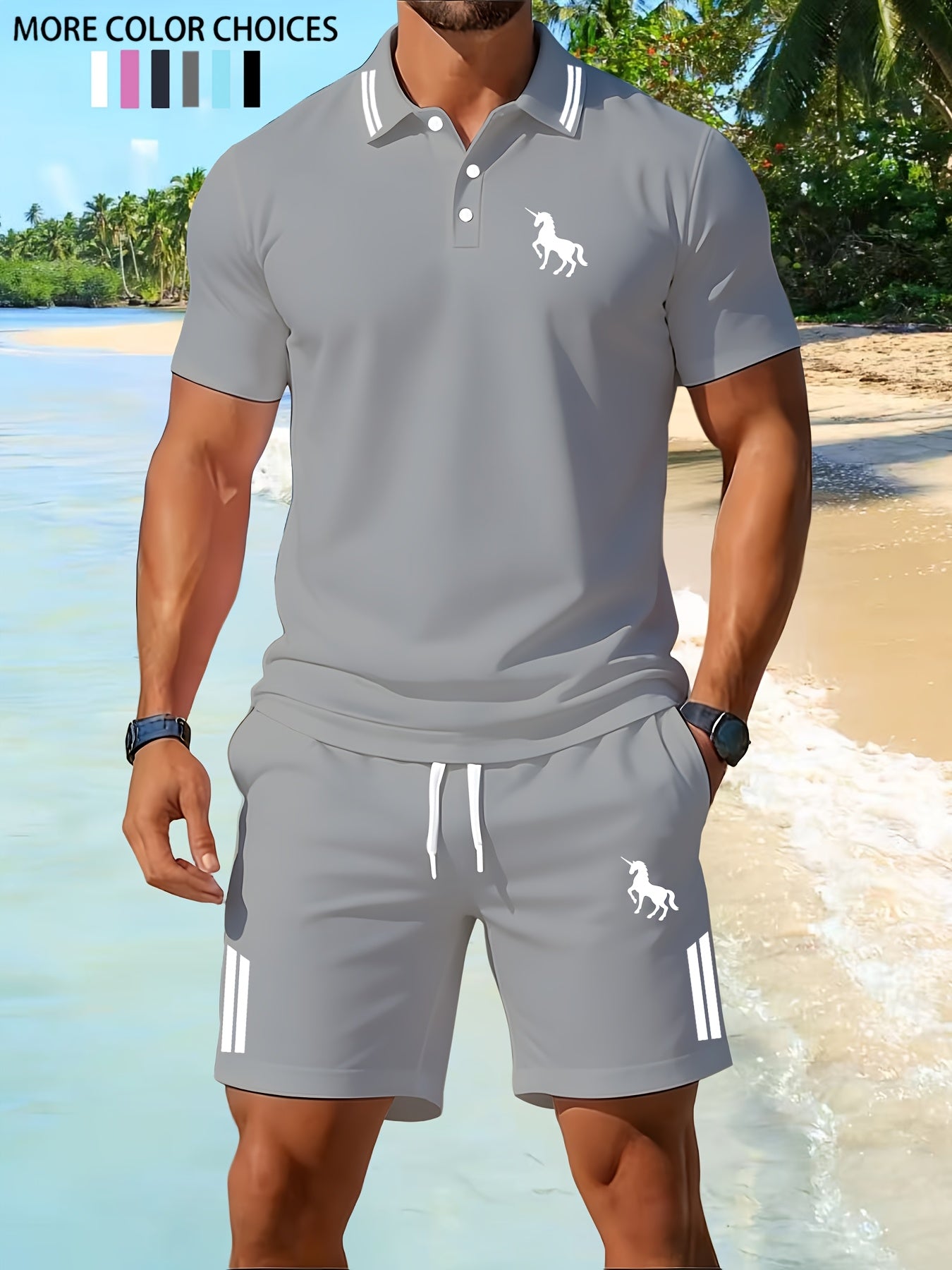Men's Outdoor Fitness Polo Set with Lapel Collar and Shorts