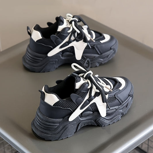 Women's Colorblock Mesh Sneakers, Lace Up Platform Soft Sole Walking Shoes, Breathable Low-top Preppy Shoes