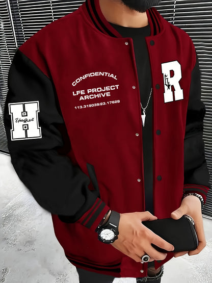 Men's Fashionable R-Letter Patchwork Casual Street Style Baseball Jacket - Polyester, Maroon & Black with White Stripes, Button Closure, with Pockets