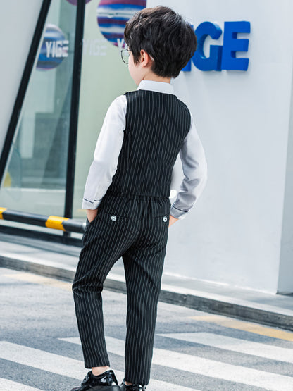 Boys Korean-Style Formal Outfit Set with Striped Vest & Bow Tie