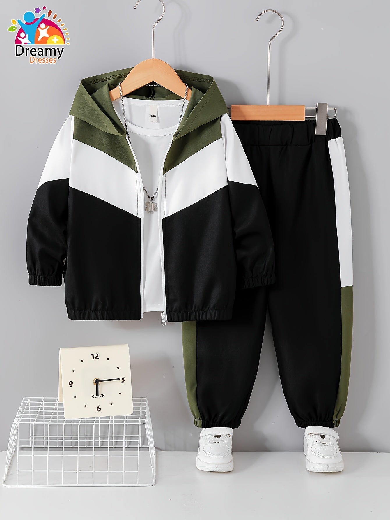Boys' Casual Color-Block Hooded Jacket and Pants Set
