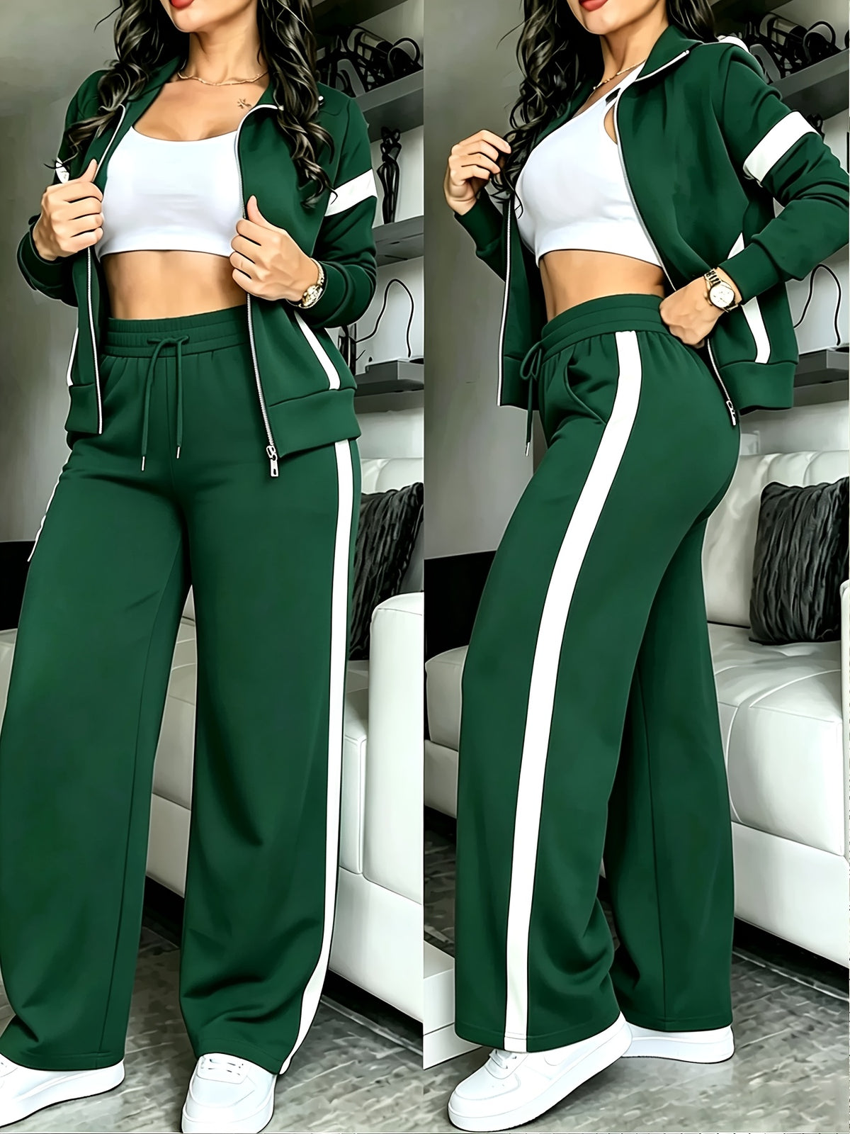 Women's Color-Block Casual Zipper Jacket & Wide-Leg Pants Set