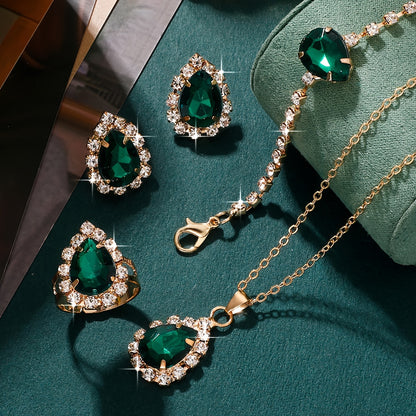 Elegant 5pcs Green Rhinestone Jewelry Set for Women - Sparkling Studs, Necklace, Ring & Earrings - Perfect for Daily Wear or Parties