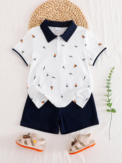 Boys' Summer Nautical Polo Shirt and Navy Shorts Set